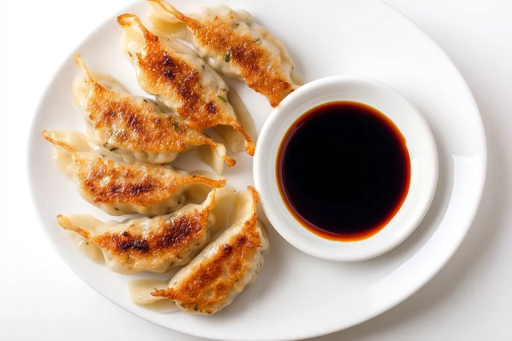 A plate of pan-fried gyoza dumplings, golden brown and crispy, is arranged artfully.  Beside them sits a small bowl of dark soy sauce, ready for dipping.  The dumplings appear plump and juicy, suggesting savory fillings. The overall presentation is simple yet appealing, highlighting the delicious food.