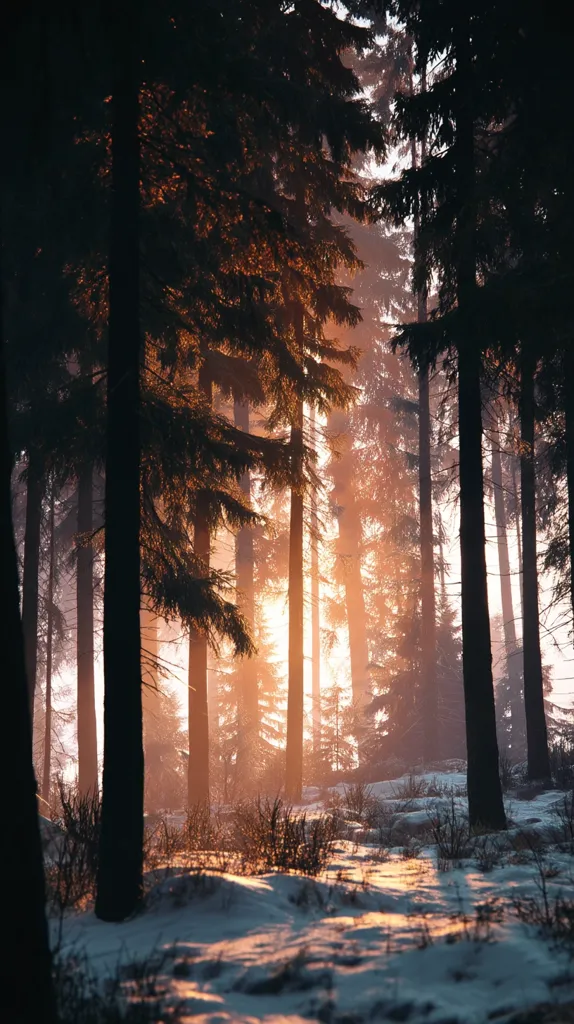 A winter sunset bathes a snow-covered pine forest in warm light.  Tall, dark trees stand silhouetted against the glowing horizon, their branches heavy with the weight of winter. A soft mist or fog hangs in the air, adding to the serene and magical atmosphere of the scene. The ground is blanketed in a layer of pristine snow, with small shrubs peeking through. The overall feeling is one of peaceful solitude and the quiet beauty of nature.