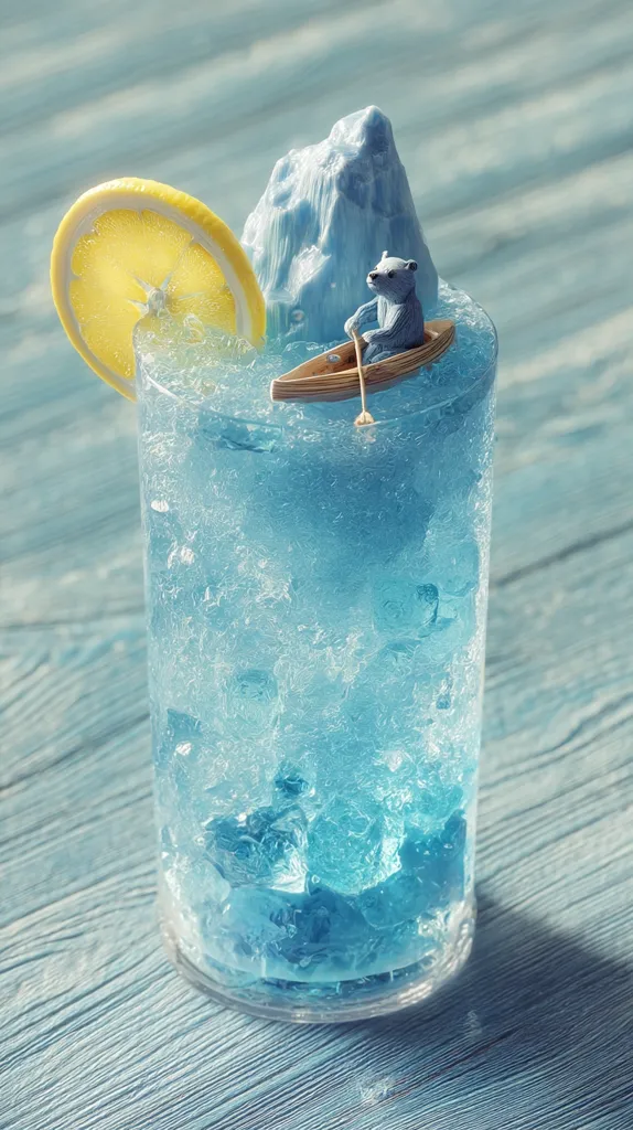 A whimsical image depicts a tall glass filled with a light blue, ice-filled beverage.  A miniature polar bear in a tiny wooden boat navigates a small, sculpted iceberg floating atop the drink. A lemon slice rests on the glass's rim, adding a vibrant contrast to the cool blue tones.  The scene is set against a light blue wooden background, creating a surreal and captivating composition.