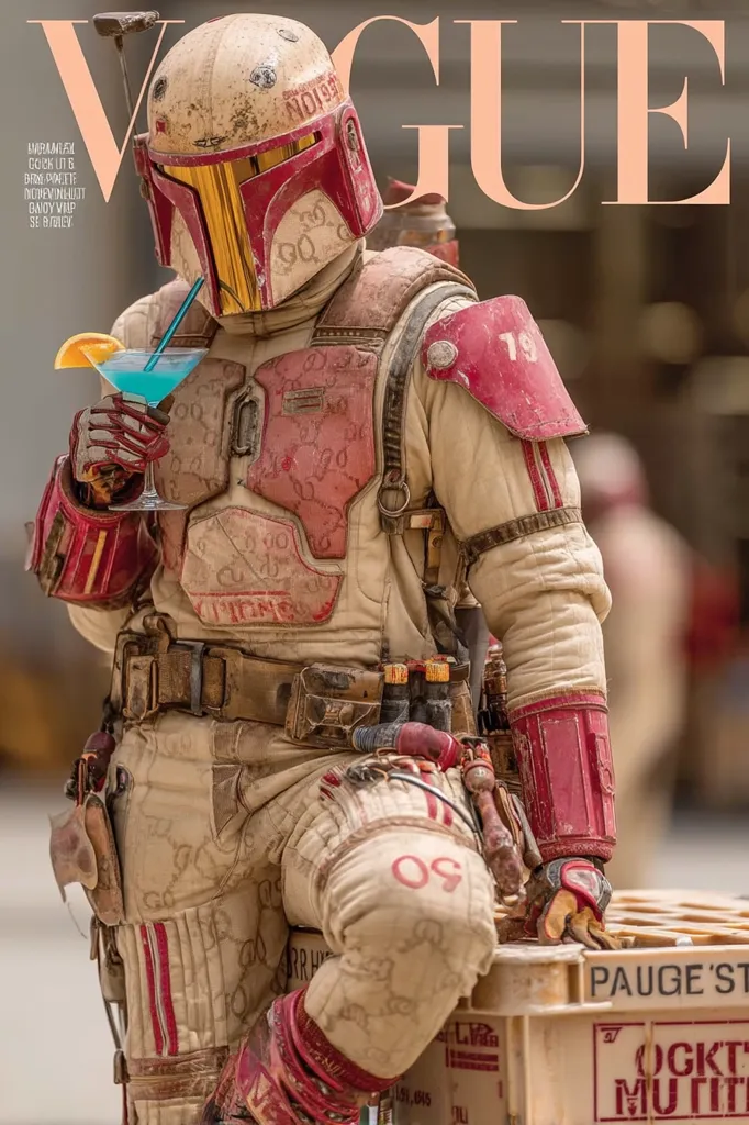 A Vogue magazine cover features a Mandalorian, a Star Wars character, in a beige and red Gucci-designed suit.  He's sitting on a crate, casually holding a blue cocktail.  The backdrop suggests a desert setting. The Mandalorian's helmet is slightly weathered, adding to the overall unique and stylish image.