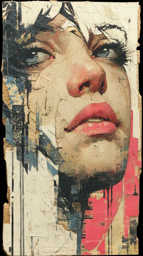 A close-up portrait painting of a woman's face, rendered in a textured, mixed-media style. The artist employs a palette knife technique to create a distressed, layered effect.  Her gaze is directed upward, and her expression is serene yet pensive.  Bold strokes of color, particularly in the pink of her lips and the background, contrast with the muted tones of her skin.  The artwork's overall mood is both intimate and melancholic.