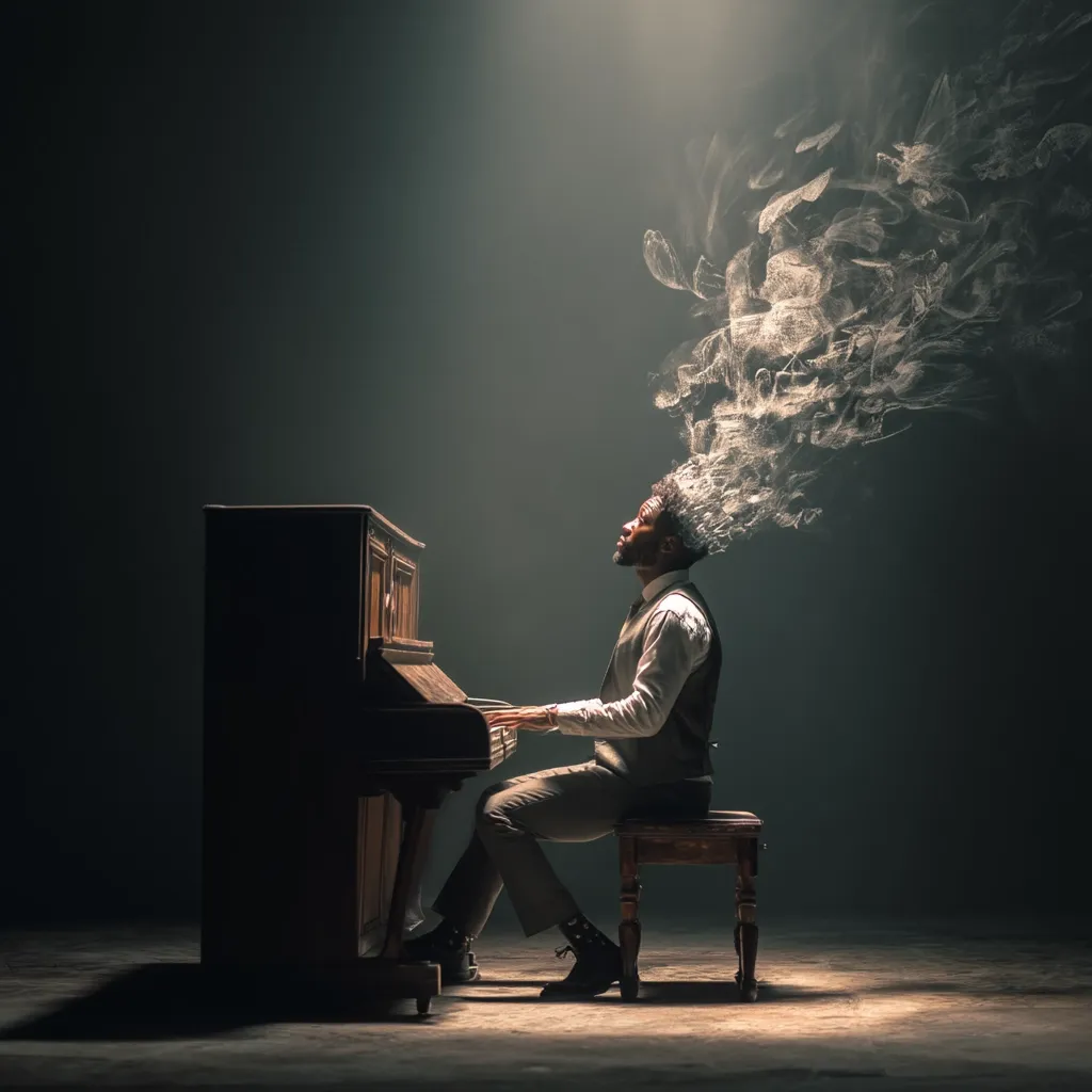 A man sits at an antique upright piano in a dimly lit room.  Smoke, shaped like musical notes, rises from his head, suggesting inspiration or creative flow. He is dressed in a vest and collared shirt, his posture conveying concentration and emotion as he plays. The scene is dramatic and evocative, emphasizing the power of music and artistic expression.