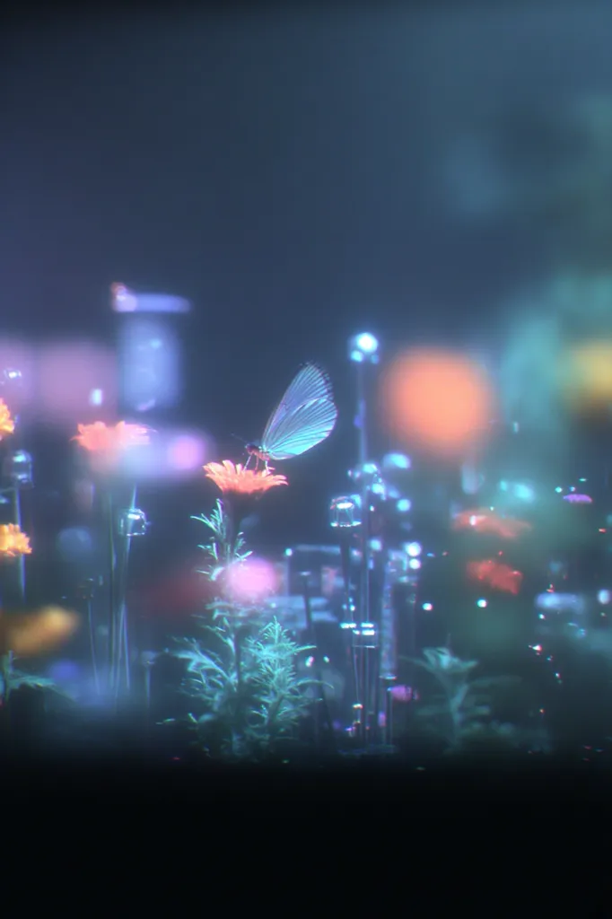 A pale blue butterfly rests delicately on an orange flower.  The scene is bathed in a soft, ethereal glow, with blurred bokeh effects creating a dreamy atmosphere.  Other flowers and plant life surround the butterfly, contributing to the whimsical, almost otherworldly feel of the image.  The overall color palette is muted and pastel, with hints of teal, orange, and purple.