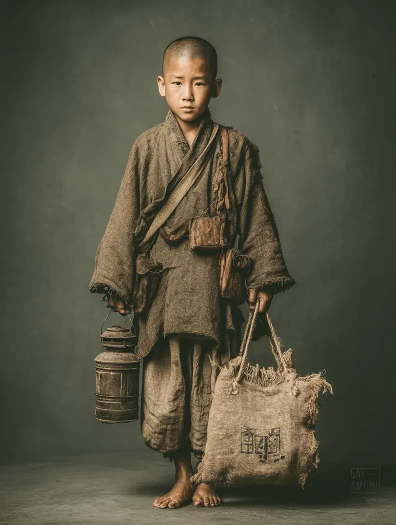 A young boy, possibly of Asian descent, stands barefoot against a muted background. He's dressed in worn, earthy-toned robes, carrying a weathered lantern and a burlap sack. His expression is serious and solemn. The image evokes a sense of poverty and resilience, hinting at a challenging life. The overall tone is somber and contemplative.