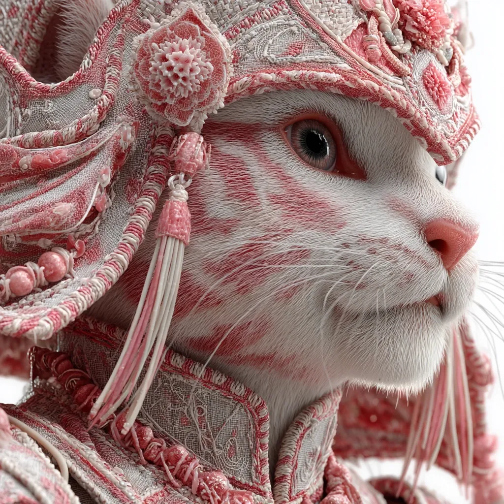 Close-up of a digitally rendered white cat adorned in elaborate, pink, ornate clothing resembling a samurai's armor.  The cat's face is partially painted pink, matching the attire's color scheme.  The details of the costume are intricate, featuring lace, beads, and floral motifs, suggesting a fantastical or mythical creature. The overall impression is one of elegance and delicate power.