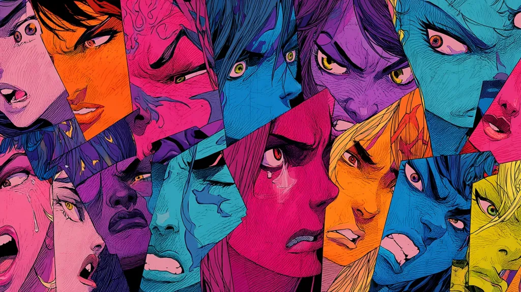 A vibrant collage features numerous stylized female faces, each rendered in bold, contrasting colors.  The faces are fragmented and layered, creating a dynamic and intense visual effect.  Expressions range from anger and frustration to fear and distress, contributing to an overall feeling of chaos and emotional turmoil.  The artwork is reminiscent of graphic novels or comic book art.
