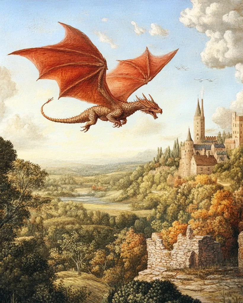 A majestic red dragon soars through a vibrant autumnal landscape.  Its large wings spread wide, it flies towards a medieval castle nestled amidst rolling hills and lush forests. A river meanders through the valley below, and the ruins of an old stone structure are visible in the foreground, adding to the scene's sense of history and fantasy.  Birds fly in the distance, completing the idyllic, yet slightly ominous, atmosphere.