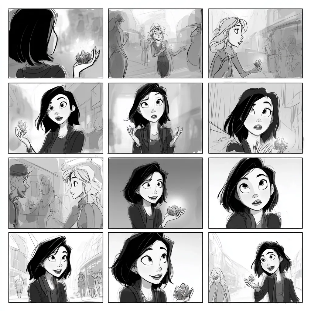 A storyboard depicts a young woman with dark hair, possibly a character sketch for an animated film.  She's shown in various poses and settings, often holding glowing crystals.  The grayscale sketches range from detailed character expressions to background sketches of a bustling town. The panels suggest a narrative arc involving the woman and her mysterious crystals, hinting at a story unfolding.