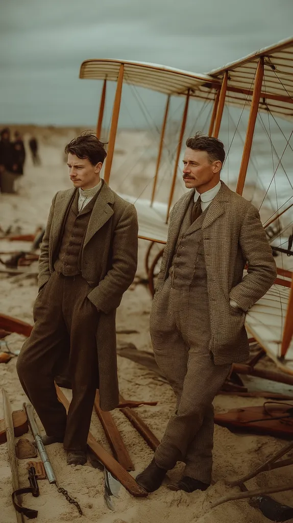 Two men in period clothing stand on a sandy beach near a disassembled biplane.  The older man, in a tweed suit, has a mustache. The younger man wears a long overcoat and vest.  Both are dressed in earth tones, reflecting the muted color palette of the beach and overcast sky.  The scene evokes a sense of early aviation history.