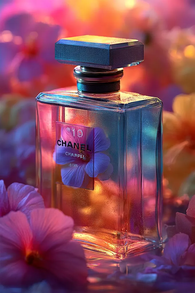 A bottle of Chanel N°19 Chanel Chappele perfume is shown in a close-up shot.  The bottle is rectangular with a dark blue cap and sits amongst vibrant purple flowers.  The liquid inside appears amber-toned, reflecting the surrounding warm and cool lighting.  The overall mood is luxurious and evocative.