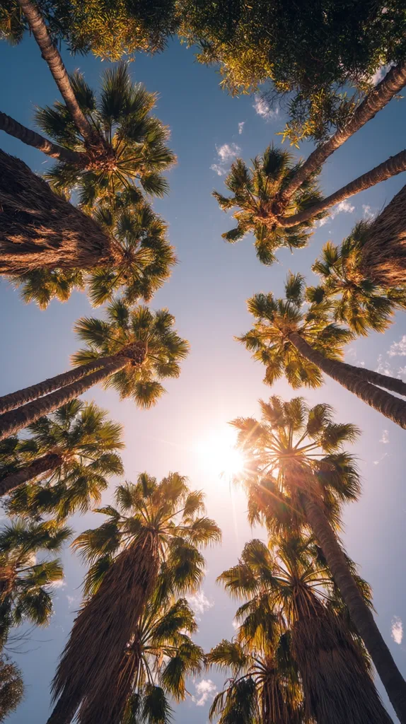 A low-angle view captures a vibrant scene of numerous palm trees reaching towards a bright, sunny sky. The sun's rays shine through the leaves, casting a warm glow. The image evokes a feeling of tropical warmth and serenity, with the palm trees dominating the frame against a clear blue sky dotted with a few wispy clouds. The trunks of the palm trees are visible, showcasing their texture and height.