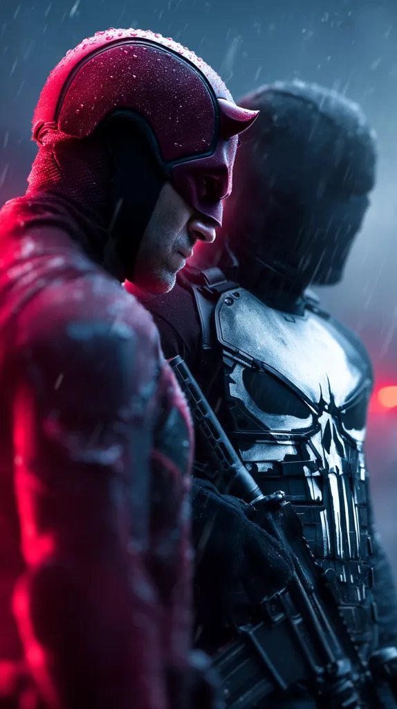 A dramatic close-up depicts Daredevil and the Punisher, standing shoulder-to-shoulder in the rain.  Daredevil, in his iconic red suit, is partially visible, while the Punisher's skull-emblazoned armor dominates the right side of the frame.  The dark, moody atmosphere is enhanced by the rain and neon-like red and blue lighting.  The image suggests a gritty, action-packed scene.