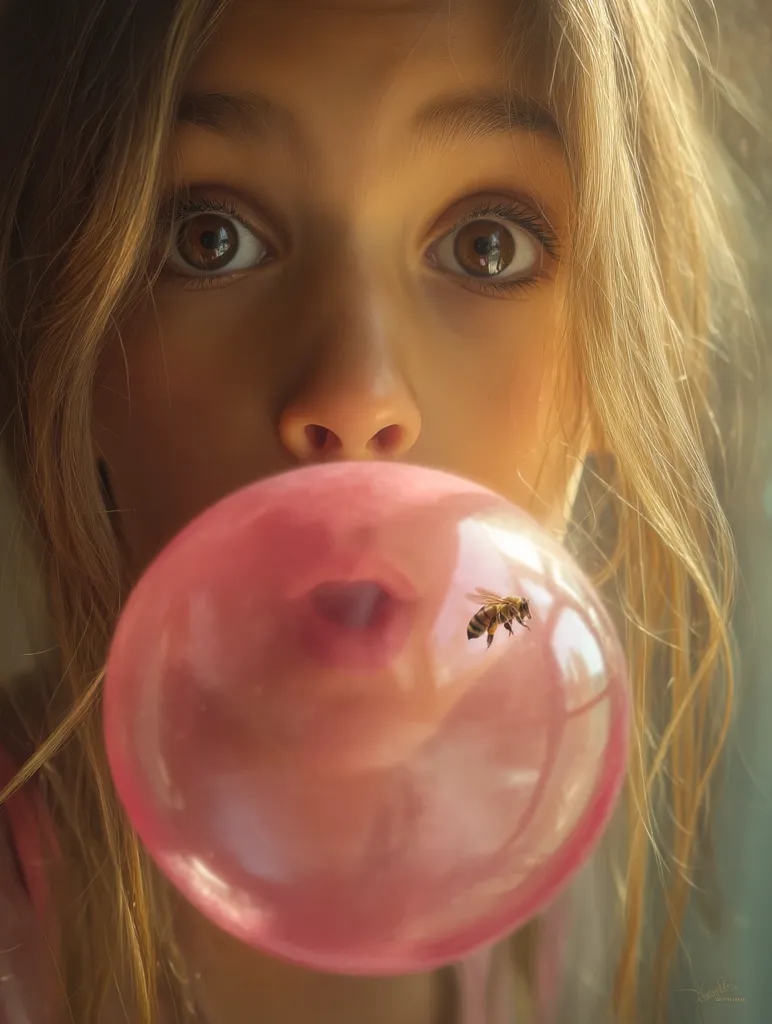 A young girl with long, light brown hair blows a large pink bubble of gum.  Her wide, expressive brown eyes are captivating. A small bee is visible within the bubble, creating a whimsical and unexpected element to the close-up portrait.  The image is softly lit, emphasizing the girl's features and the translucent quality of the bubble.