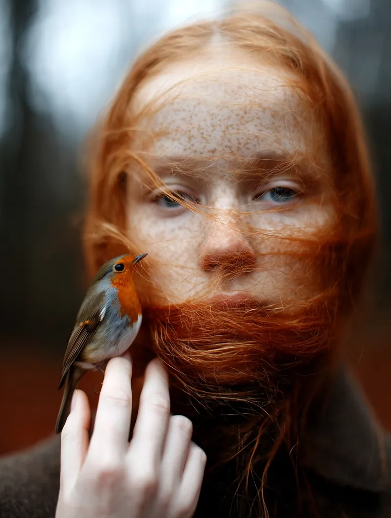 Close-up portrait of a young woman with vibrant red hair and freckles.  Her hair partially obscures her face, creating a soft, ethereal effect. A small robin perches gently on her hand, nestled near her chin. The overall mood is serene and intimate, with a focus on natural beauty and the connection between human and nature.  The background is blurred, drawing attention to the subject.