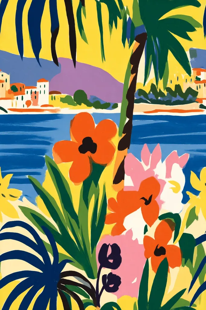 A vibrant, stylized painting depicts a tropical scene.  Bold, colorful flowers, predominantly orange and pink, are in the foreground.  A palm tree trunk dominates the center, partially obscuring a view of a coastal town nestled beneath purple hills and a bright blue sea. The overall style is reminiscent of mid-century modern poster art.