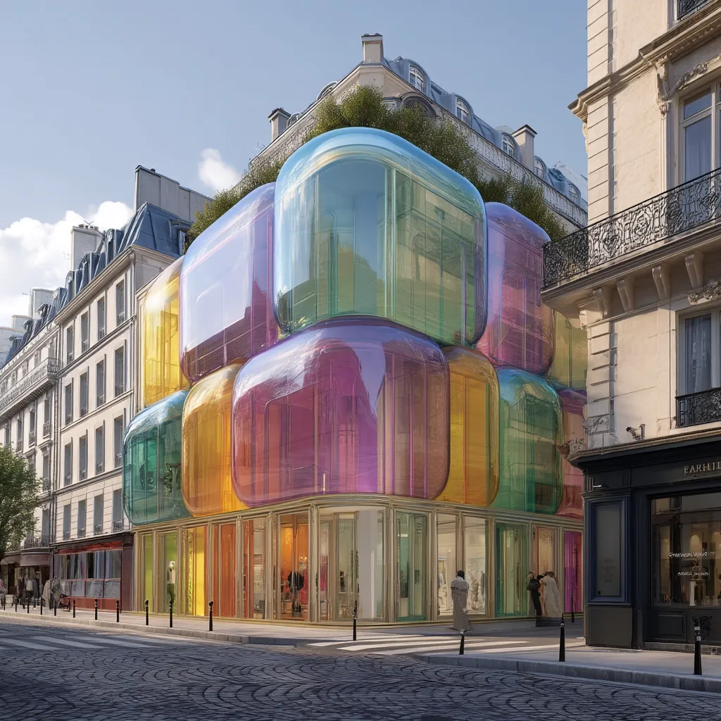 A modern building, seemingly a boutique, is nestled amongst traditional Parisian architecture. Its facade is composed of stacked, translucent cubes in various pastel colors, creating a striking contrast.  The glass cubes allow for ample natural light, showcasing the interior.  Pedestrians stroll along the cobblestone street, enhancing the scene's urban ambiance.  The design is both eye-catching and harmonious within its context.