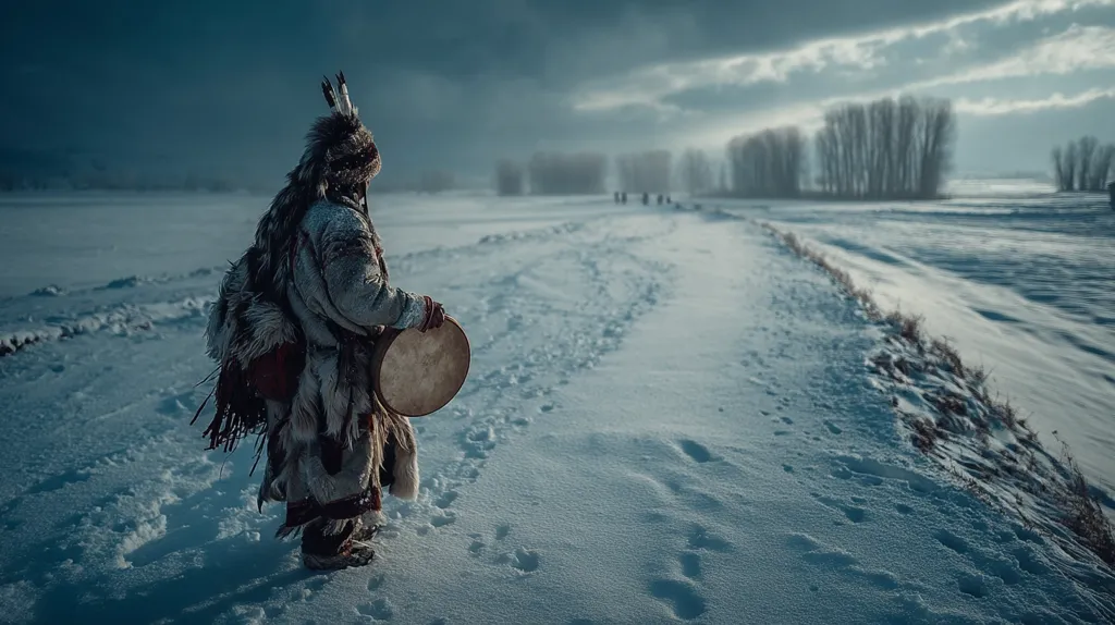 A lone figure, adorned in traditional indigenous attire and headdress, walks across a snow-covered landscape.  They carry a ceremonial drum, their back to the viewer. The path stretches towards a distant line of trees under a brooding sky.  The scene evokes a sense of solitude and spiritual journey in a stark, wintry environment.