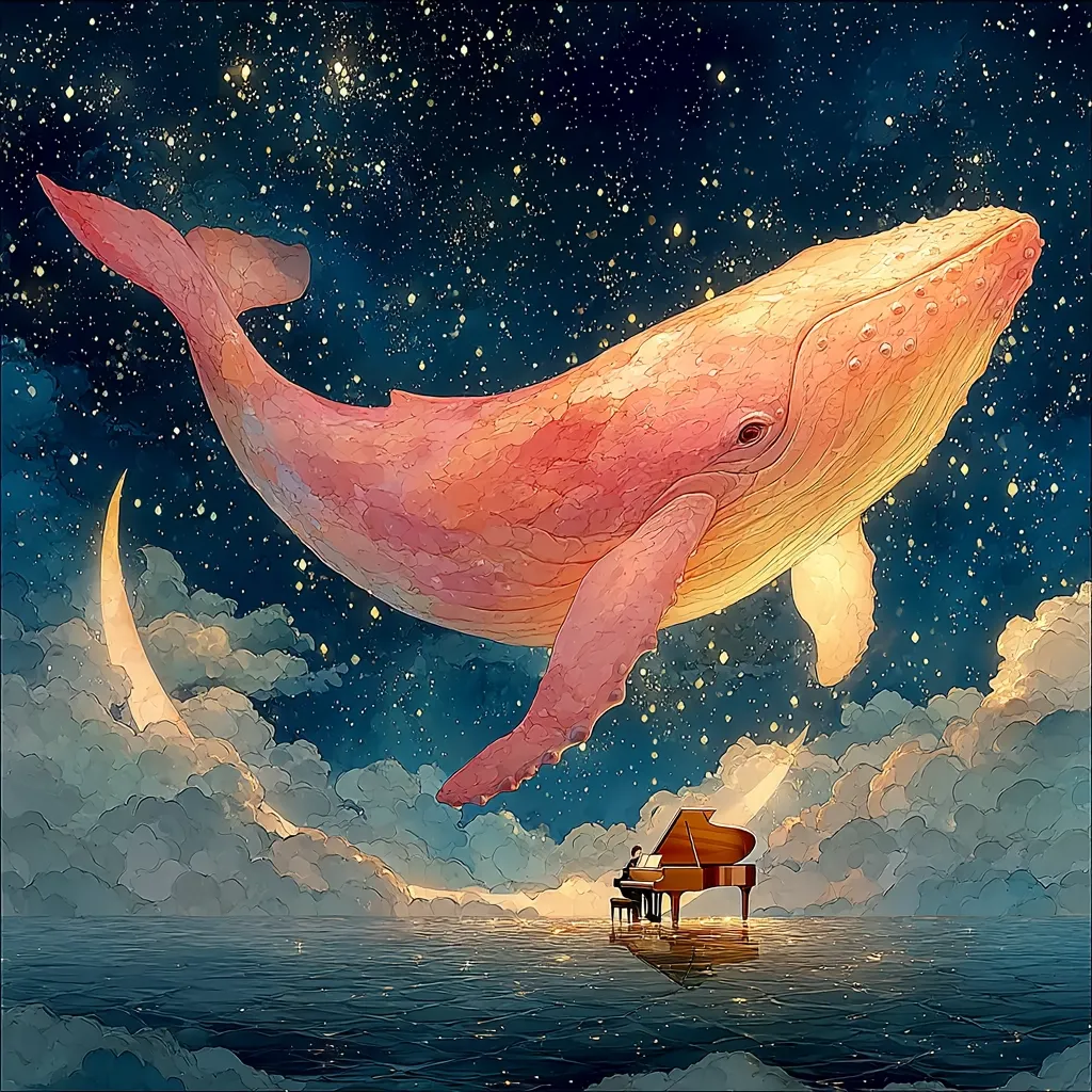 A surreal artwork depicts a colossal, salmon-pink whale suspended in a starry night sky above a calm ocean.  A crescent moon hangs in the clouds, and a grand piano sits serenely on the water's edge, seemingly illuminated by the whale. The scene evokes a sense of wonder and tranquility, blending fantastical elements with a peaceful atmosphere.  The artist’s style is dreamlike and painterly.
