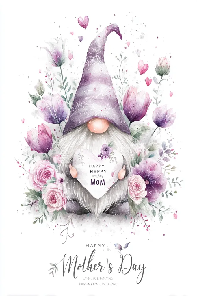 A watercolor illustration of a gnome holding a heart-shaped sign that reads "Happy Happy Mom."  The gnome is surrounded by delicate purple and pink flowers, including tulips and roses, with small hearts floating in the background.  The text "Happy Mother's Day" is displayed below, creating a charming Mother's Day card design.