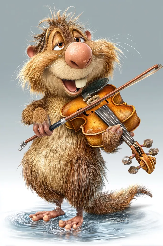 A whimsical, furry creature, resembling a marmot or similar rodent, stands in shallow water.  Its expressive face displays a cheerful grin. The creature is depicted playing a violin with surprising dexterity, its paws delicately holding the instrument. The overall style is digital art, with a focus on realistic fur texture and lighting. The scene is serene and evokes a sense of gentle charm.