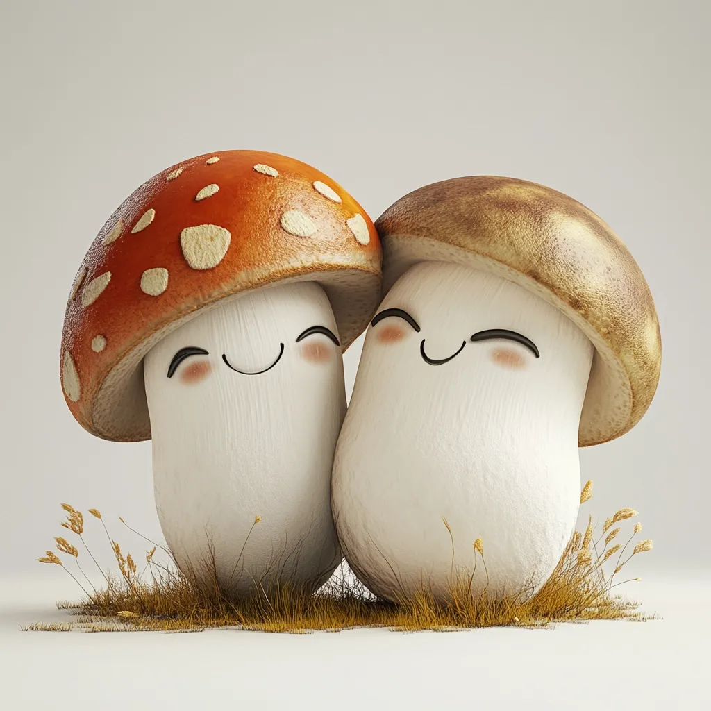 Two adorable cartoon mushrooms, one with a red and white cap and the other with a brown cap, snuggle together in a patch of grass.  Both mushrooms have cheerful, smiling faces with rosy cheeks. The image is rendered in 3D, showcasing a soft, light texture on the mushrooms and a simple, minimalist background.  They appear happy and friendly.