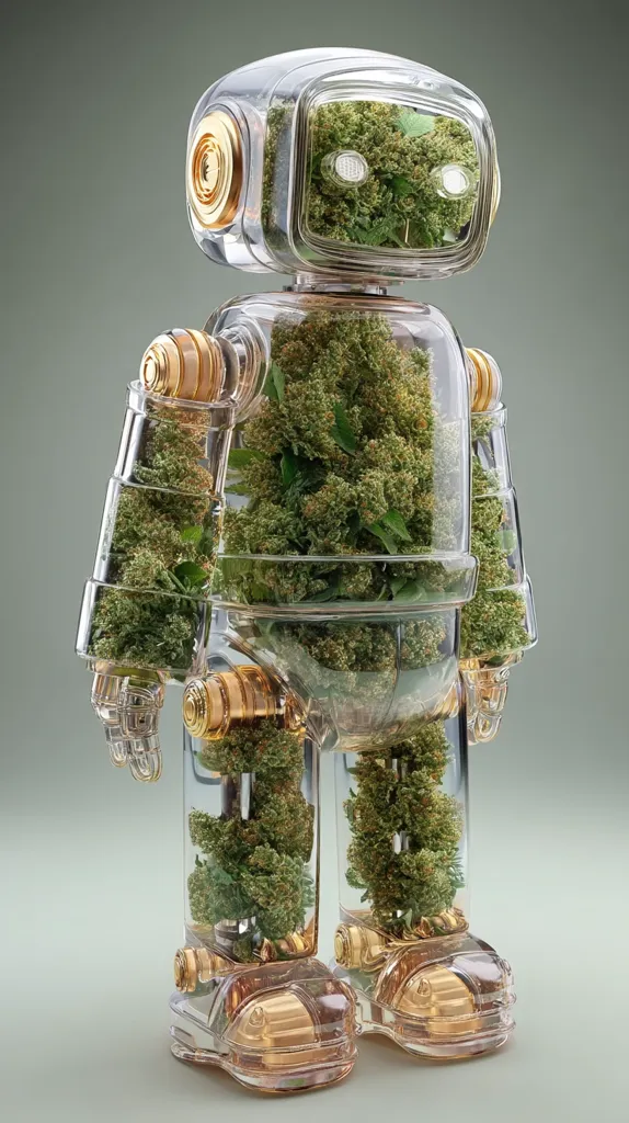 A transparent robot, with gold accents, is filled with lush green cannabis buds.  Its body, head, and limbs are clearly visible, showcasing the plant material within the robotic structure.  The image has a clean, futuristic aesthetic, suggesting a blend of technology and nature.  The robot appears to be made of glass or a similar see-through material.
