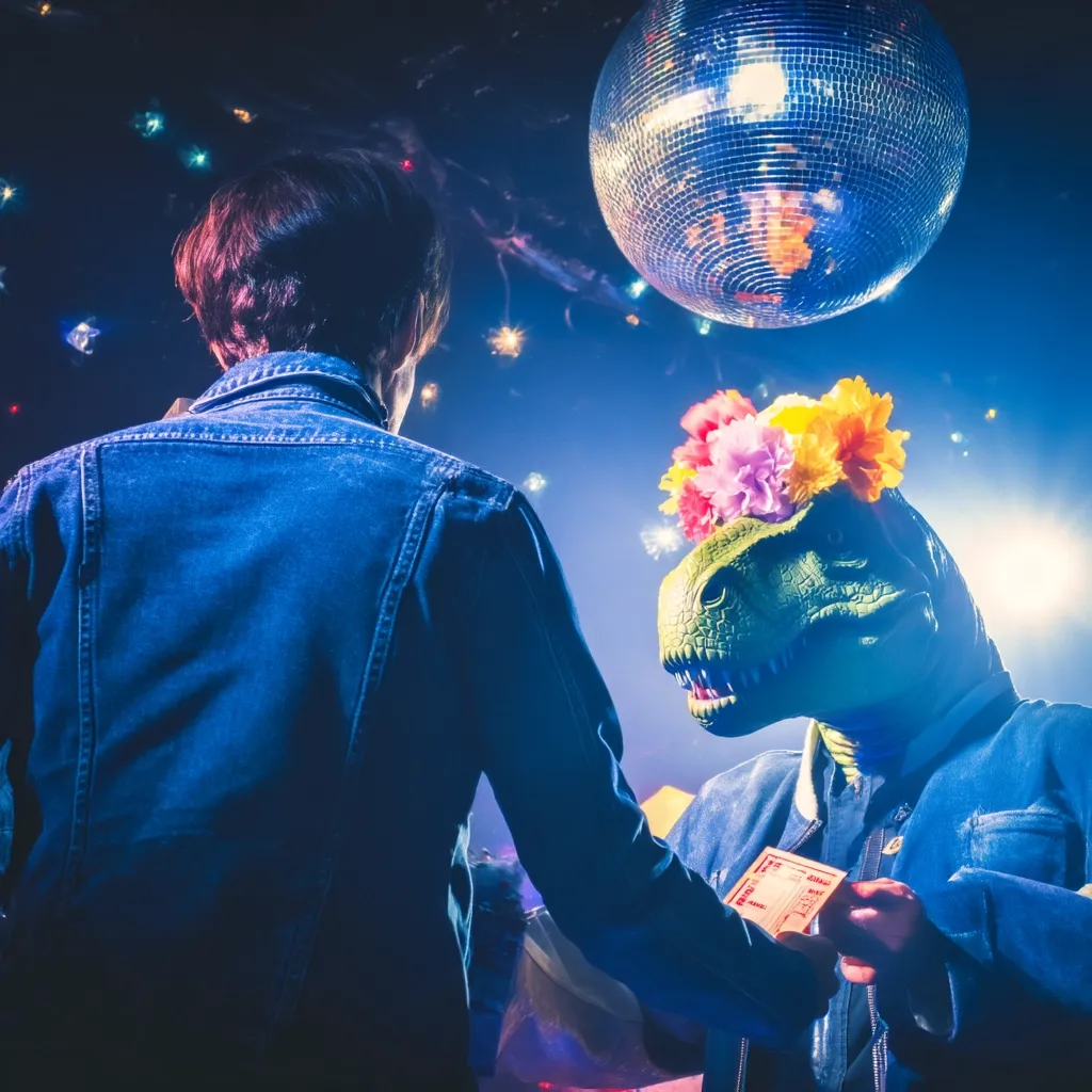A person in a denim jacket stands with their back to the camera at a dimly lit party.  A person wearing a T-Rex costume adorned with flowers hands them a ticket. A large disco ball hangs overhead. The scene is vibrant and playful, capturing an unusual moment at a night club.