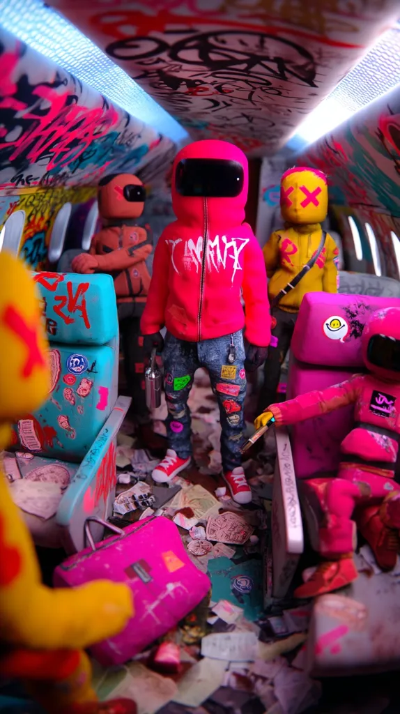 A vibrant digital artwork depicts a graffiti-covered airplane interior.  Several astronaut-like figures in pink and yellow suits are seated, amidst a chaotic scene of scattered papers, luggage, and stickers. The central figure, in a red hoodie and jeans adorned with patches, stands out. The overall aesthetic is bold and colorful, with a strong emphasis on street art and a slightly dystopian feel.