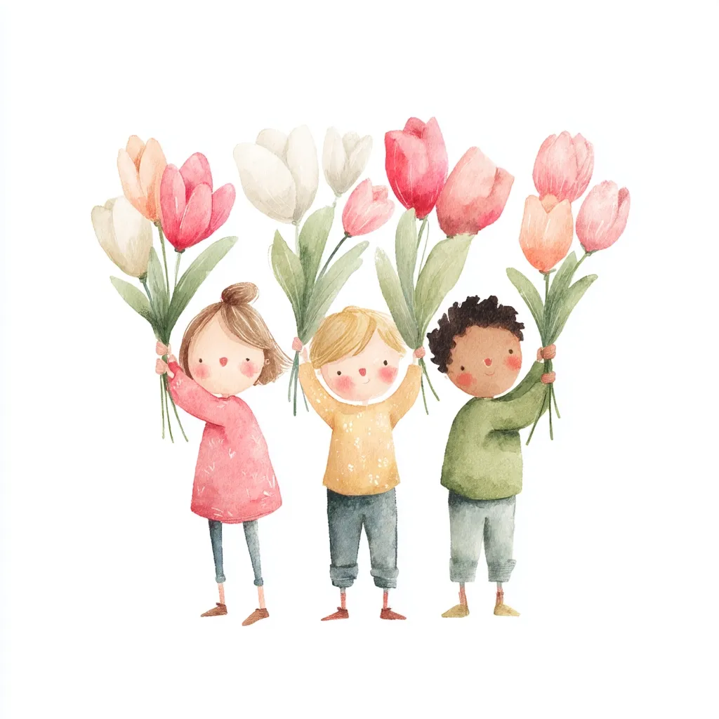 Three children, a girl with brown hair, a boy with blond hair, and a boy with dark curly hair, joyfully hold aloft three bouquets of vibrant tulips.  The tulips are various shades of pink, peach, and white, creating a cheerful and colorful scene. The children's happy expressions and the bright flowers evoke a sense of spring and friendship.  The watercolor style adds a soft and gentle touch to the illustration.