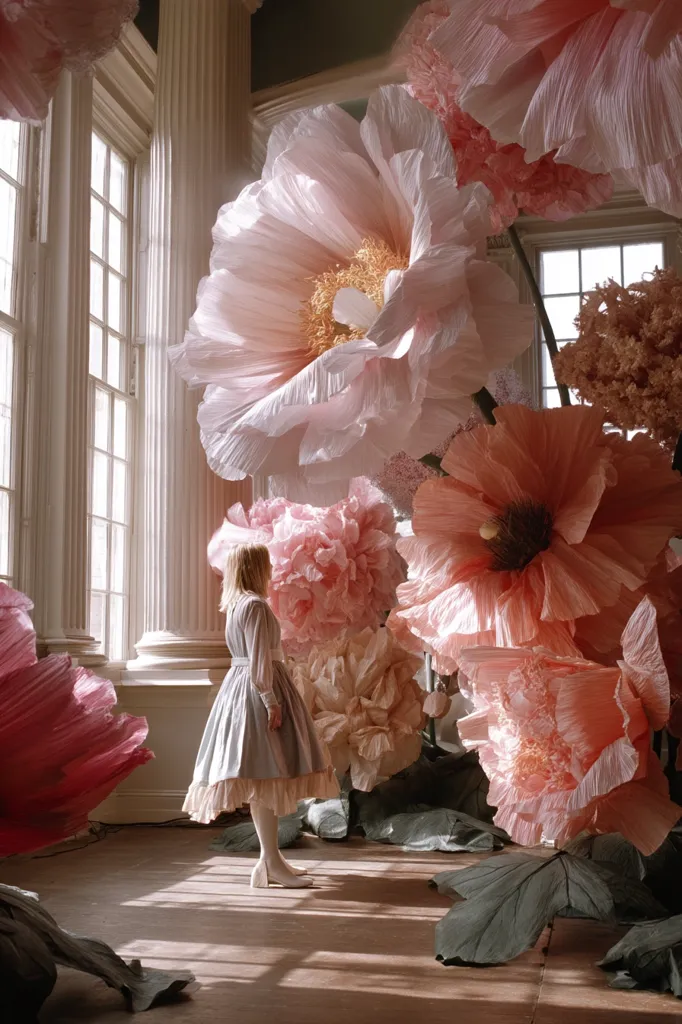 A young woman in a light blue dress stands in a sunlit room surrounded by enormous, paper flowers.  The blossoms, in shades of pink and peach, dominate the space, creating a whimsical and surreal atmosphere. The architectural details of the room, with its tall windows and columns, contrast with the oversized floral display, creating a captivating juxtaposition. The scene is serene and dreamlike.