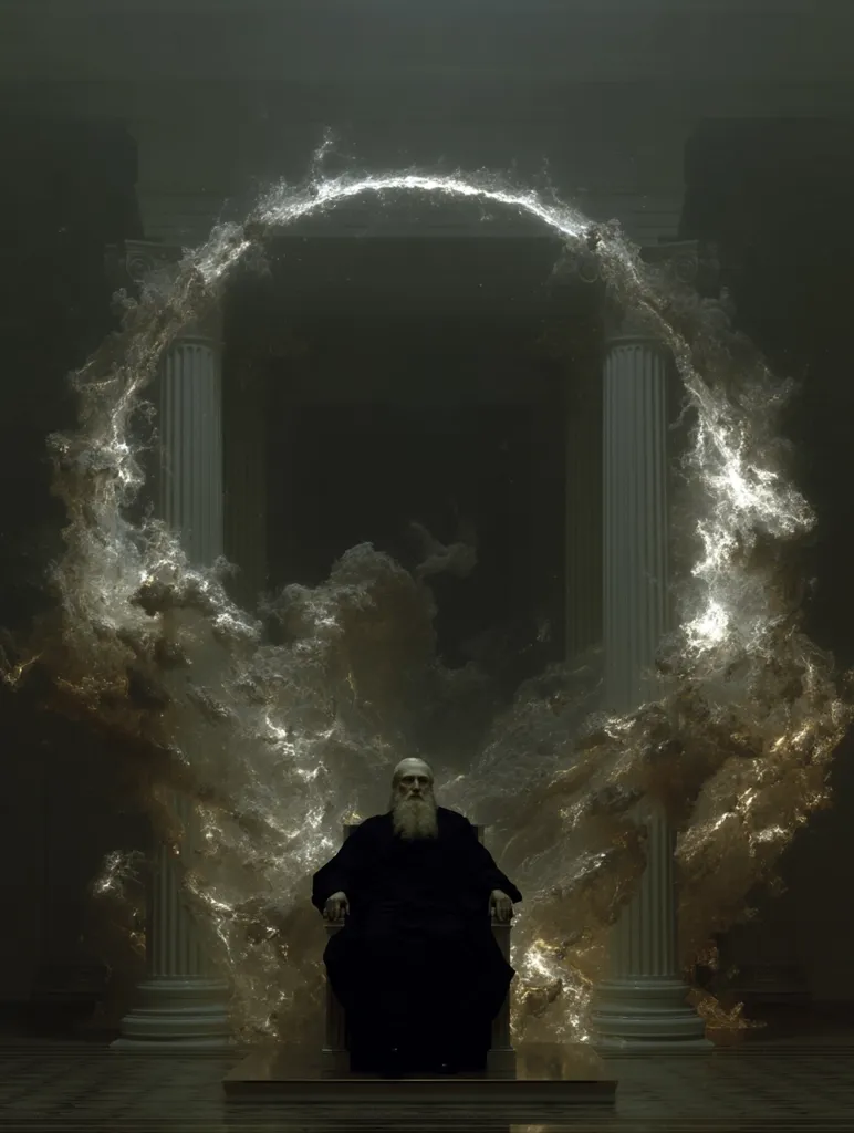 An aged, long-bearded man in dark robes sits regally on a throne.  He's enveloped in a swirling, ethereal, luminous golden mist that arches above him, framed by classical columns. The scene is dark and moody, suggesting power, mystery, and perhaps divine authority. The overall atmosphere is one of somber grandeur and otherworldly presence.