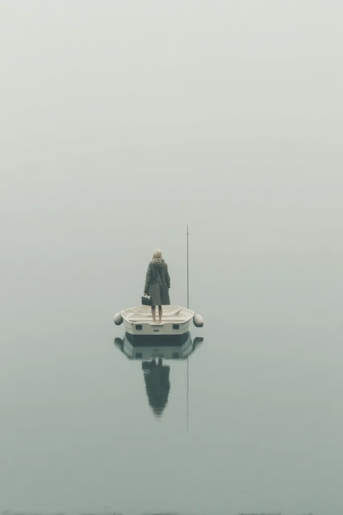 A woman stands on a small, white boat in the middle of a calm, foggy lake.  She is dressed in a long coat and holds a small bag. The scene is serene and minimalist, with a muted color palette and a hazy atmosphere. The boat's reflection is perfectly mirrored on the still water, enhancing the tranquil mood.  The overall feeling is one of quiet solitude and contemplation.