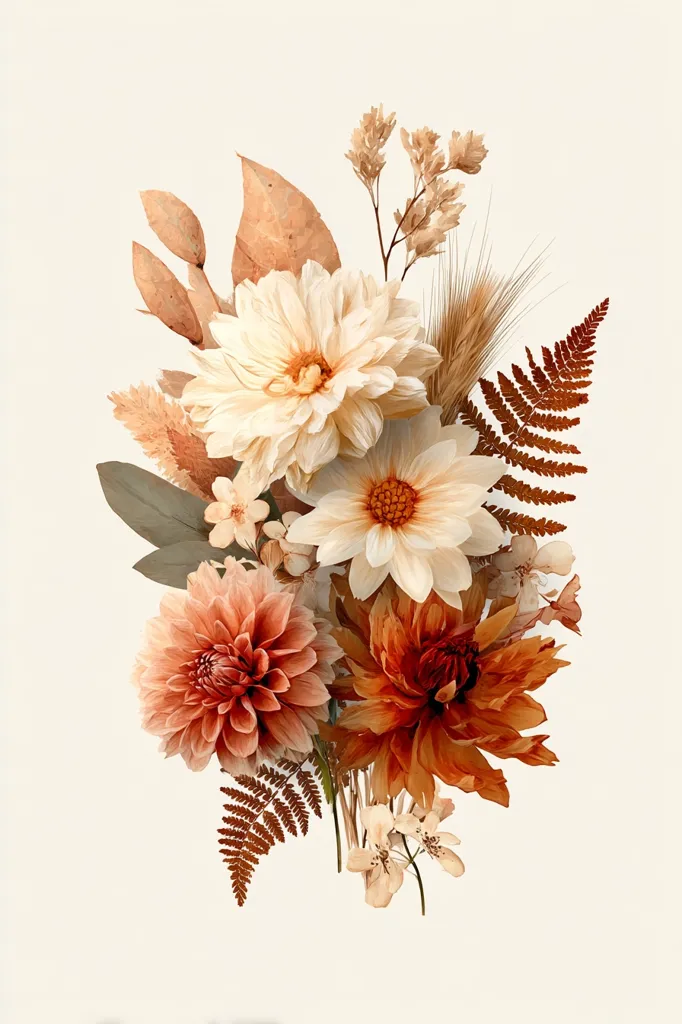A charming autumnal bouquet features creamy white and burnt orange dahlias as its focal point.  Accompanying these are dried grasses, delicate ferns, and muted beige leaves, creating a warm, earthy palette. The arrangement evokes a feeling of rustic elegance, perfect for fall décor or a minimalist wedding.