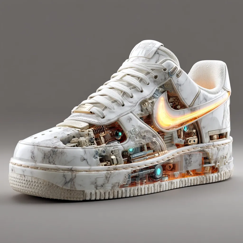 A digitally rendered Nike Air Force 1 sneaker is depicted, its exterior resembling white marble.  The shoe's internal mechanisms are visible, showcasing intricate gold and teal-colored gears and components.  A glowing orange Nike swoosh is integrated into the design, creating a futuristic and luxurious aesthetic. The overall effect is one of high-tech elegance and artistry.
