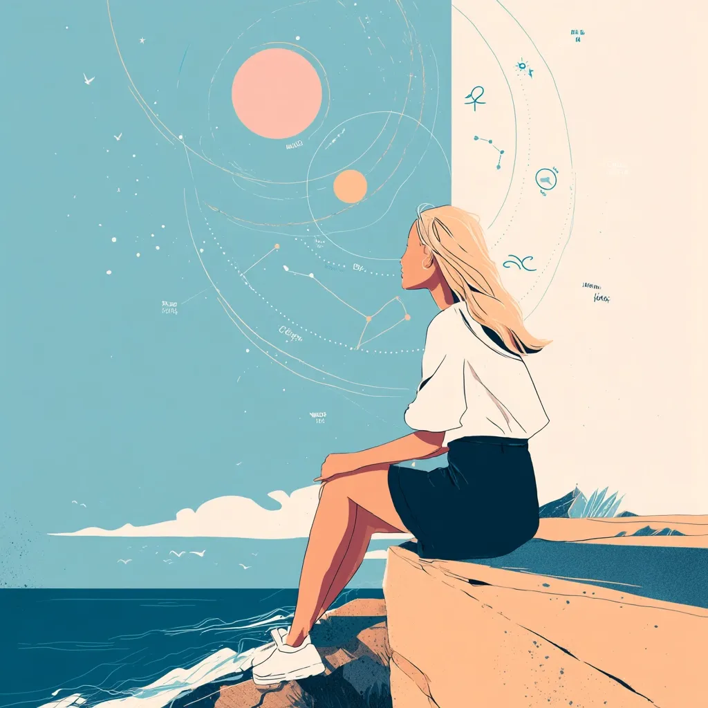 A blonde woman sits on a cliff overlooking a tranquil ocean, gazing at a celestial backdrop.  The sky features stylized constellations, planets, and astrological symbols, suggesting a connection between the woman and the cosmos.  The artwork uses a soft color palette and a minimalist style, creating a serene and contemplative mood.  The scene hints at introspection and the vastness of the universe.