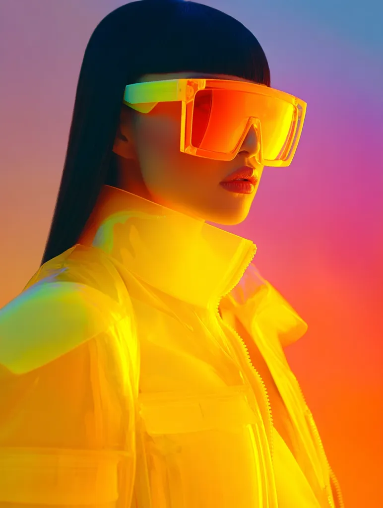A woman with black, blunt-cut bangs wears vibrant orange, futuristic shield sunglasses and a bright yellow, translucent raincoat.  The image is bathed in a colorful, neon-like gradient background, creating a bold, stylish, and somewhat cyberpunk aesthetic.  Her expression is serious and her pose is slightly turned away from the camera.