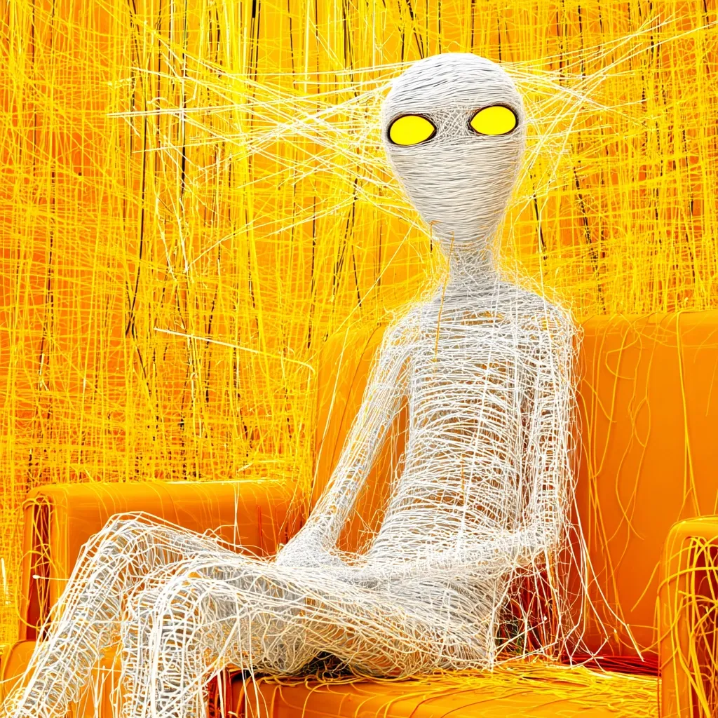 A surreal 3D rendering depicts a white, thread-like figure with glowing yellow eyes seated in an orange chair.  The figure is enveloped in a web of thin, white strands, which also cover the chair and background. The vibrant orange background enhances the ethereal quality of the image, creating a visually striking and mysterious scene.