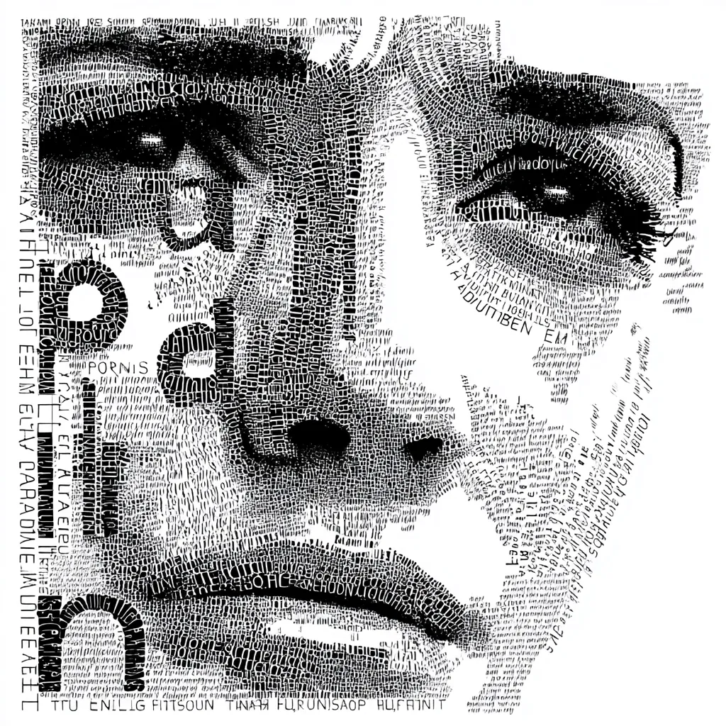 A black and white portrait is constructed entirely from densely packed, small text.  The text forms a mosaic-like image of a person's face, conveying a serious or pensive expression.  The word "pain" is prominently featured within the composition, possibly hinting at the emotional tone of the artwork. The style is intricate and detailed, showcasing a unique form of typographic art.