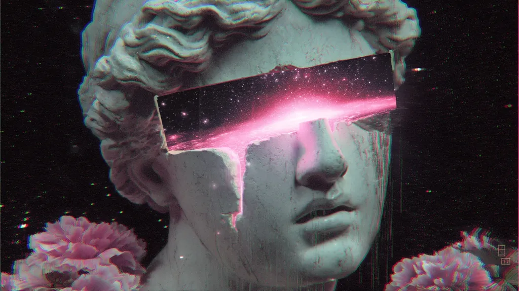 A classical bust is digitally altered, its eye socket replaced with a vibrant pink nebula.  The effect is surreal and dreamlike, blending classical sculpture with cosmic imagery.  Glitching and digital artifacts enhance the otherworldly feel, while pink flowers flank the statue, adding a touch of delicate beauty against the dark background.  The image evokes themes of the cosmos, transcendence, and the juxtaposition of ancient and modern.
