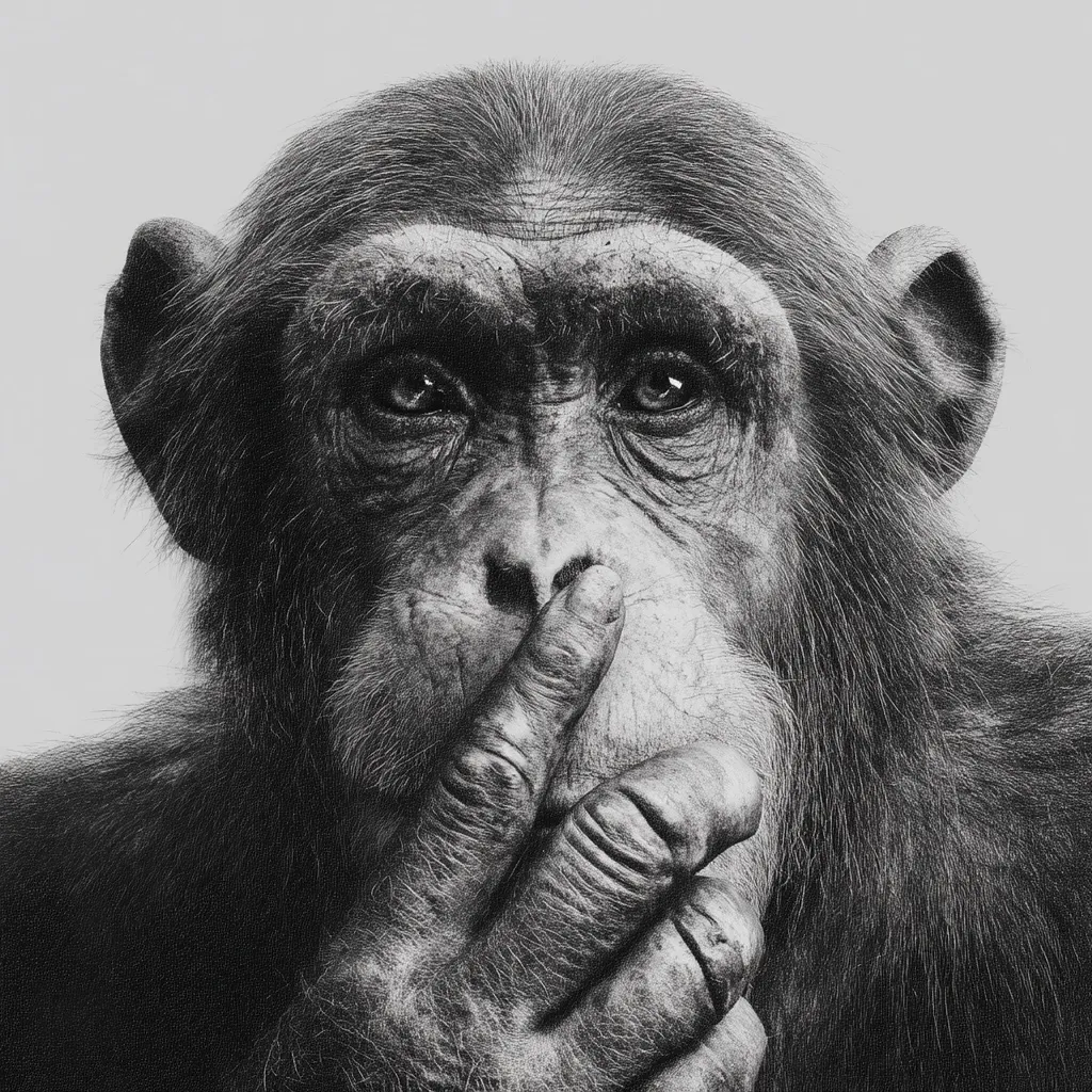 A striking black and white close-up portrays a chimpanzee.  Its expressive eyes gaze directly at the viewer, while its hand is delicately placed over its mouth, suggesting a sense of secrecy or contemplation.  The detailed rendering captures the primate's textured fur and expressive features, creating a powerful and evocative image. The monochromatic palette emphasizes the subject's emotional depth.