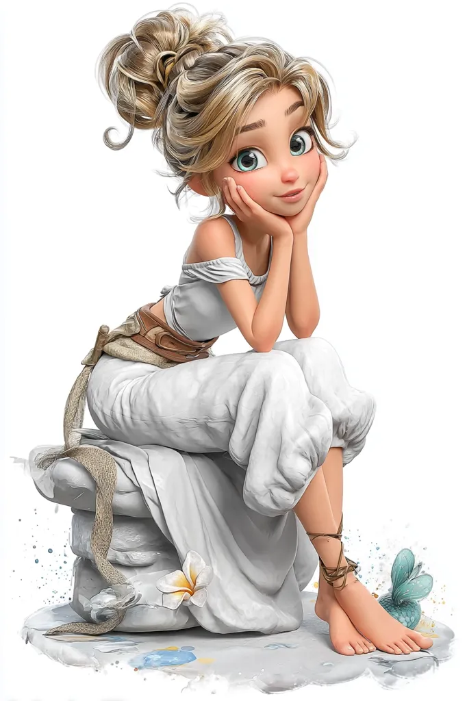 A charming 3D-rendered girl with blonde hair styled in a bun sits serenely, her chin resting on her hands.  She's dressed in a flowing, light grey outfit reminiscent of Grecian attire, accented with a brown belt.  She is perched on a stone structure adorned with a delicate flower, creating a peaceful, whimsical scene. The overall style is cute and dreamy, suggestive of a fantasy or fairytale setting.