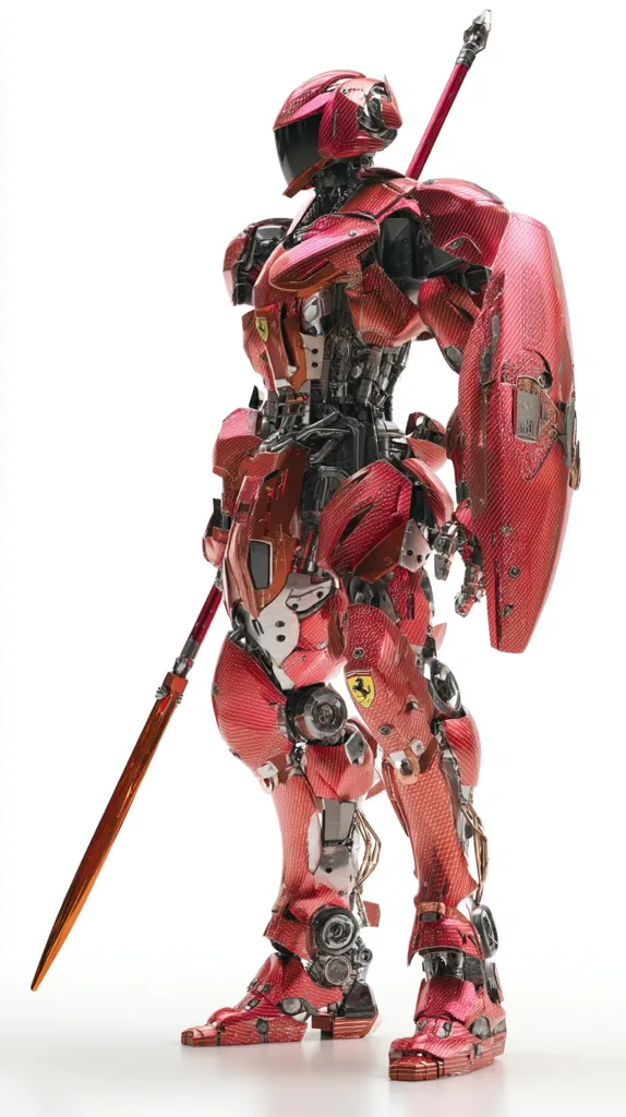 A crimson-red robotic warrior stands, poised with a long spear and a large shield.  Its mechanical body is intricately detailed, showcasing exposed gears and joints.  The armor features a textured, almost carbon-fiber-like surface.  The robot's helmet is closed, giving it a mysterious and powerful appearance.  The overall design suggests a blend of futuristic technology and classic warrior aesthetics.