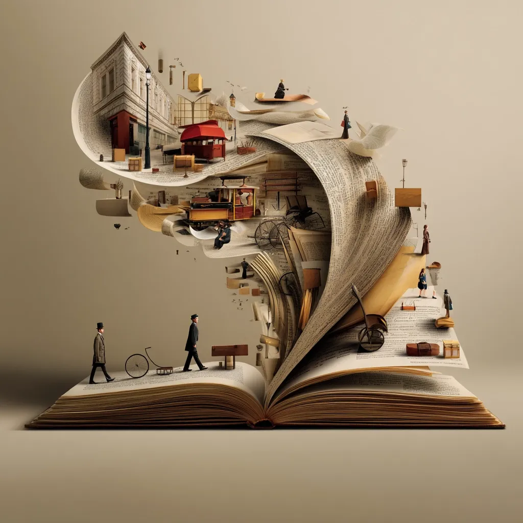 A large open book unfolds into a whimsical three-dimensional cityscape.  Miniature figures stroll along the pages as a Victorian street scene, complete with horse-drawn carriages and streetlamps, erupts from the book's depths.  The swirling pages create a dynamic and fantastical effect, blurring the lines between reality and imagination, suggesting the power of stories to transport us to other times and places.