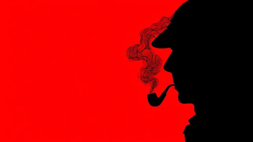 A striking silhouette of a man, possibly Sherlock Holmes, is depicted against a vibrant red backdrop.  He's wearing a hat, his profile visible as he smokes a pipe.  Intricate, swirling smoke curls from the pipe, adding a dramatic element to the simple yet powerful image. The bold contrast between the black silhouette and red background creates a sense of mystery and intrigue.