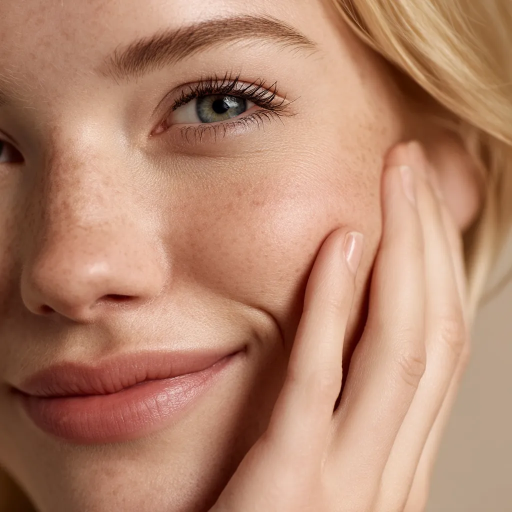 Close-up of a young woman's face, her hand gently touching her cheek.  She has fair skin with freckles, light blonde hair, and subtle makeup. Her expression is soft and subtly smiling, showcasing healthy, glowing skin. The focus is on her skin's texture and natural beauty.