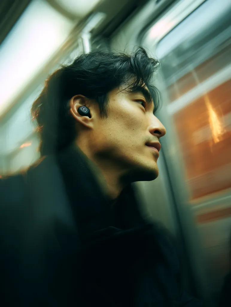 A young man with dark hair sits on a moving train, his gaze directed out the window.  He wears a dark jacket and a single black earbud is visible in his left ear. The motion blur of the train suggests speed and movement, creating a dynamic, atmospheric image. The lighting is moody, highlighting his profile against the blurred background.