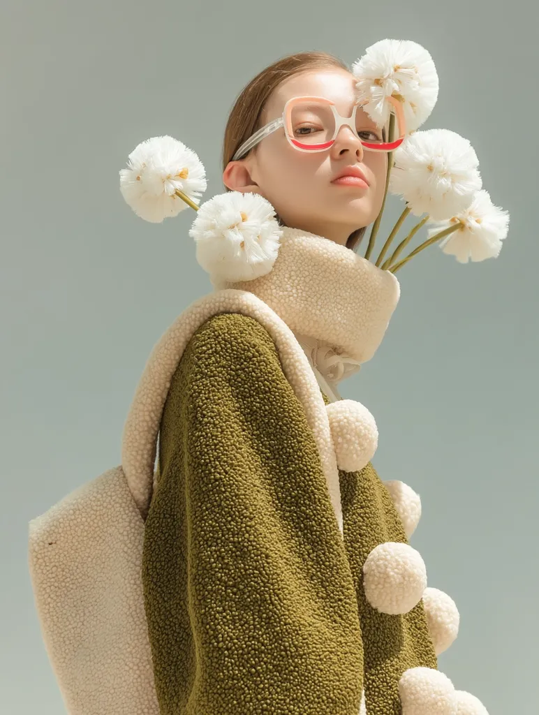 A young woman models a stylish olive green and cream sherpa jacket adorned with fluffy pom-poms.  She wears oversized, pastel-colored glasses and a bouquet of white dandelion-like flowers rests against her neck. The image is softly lit, creating a dreamy and whimsical aesthetic. The overall style is fashion-forward and playful.