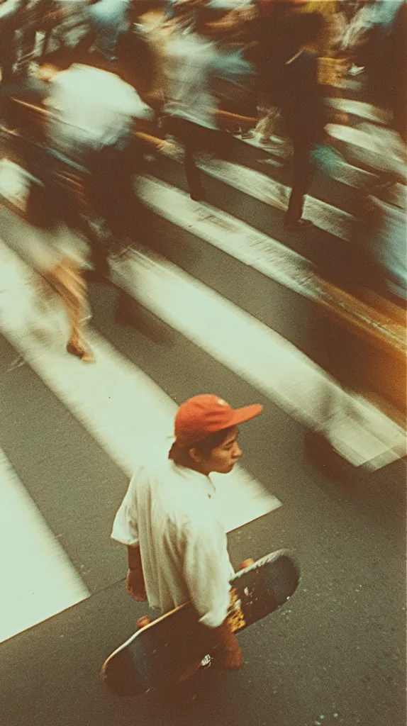 A young person with a red cap carries a skateboard while walking across a pedestrian crossing.  The background is a motion blur of people rushing by, creating a dynamic contrast between the stillness of the skater and the bustling city around them.  The image has a vintage, possibly film-like quality.