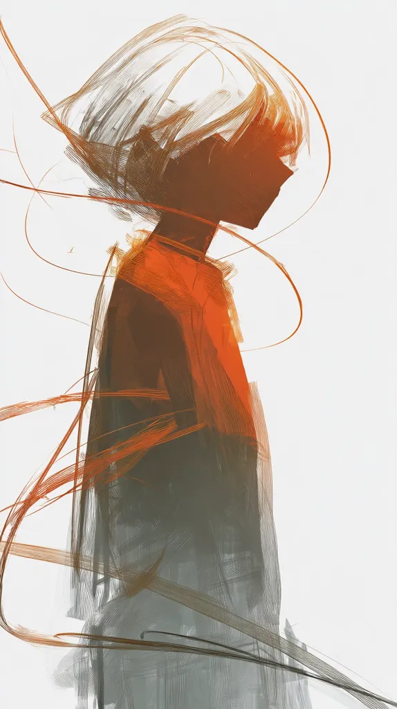 An abstract painting depicts a figure, possibly a young person with short hair, rendered in shades of orange and gray.  The style is loose and expressive, using brushstrokes that suggest movement and emotion.  Abstract lines swirl around the figure, adding to the sense of fluidity and dynamism. The overall mood is melancholic yet beautiful.