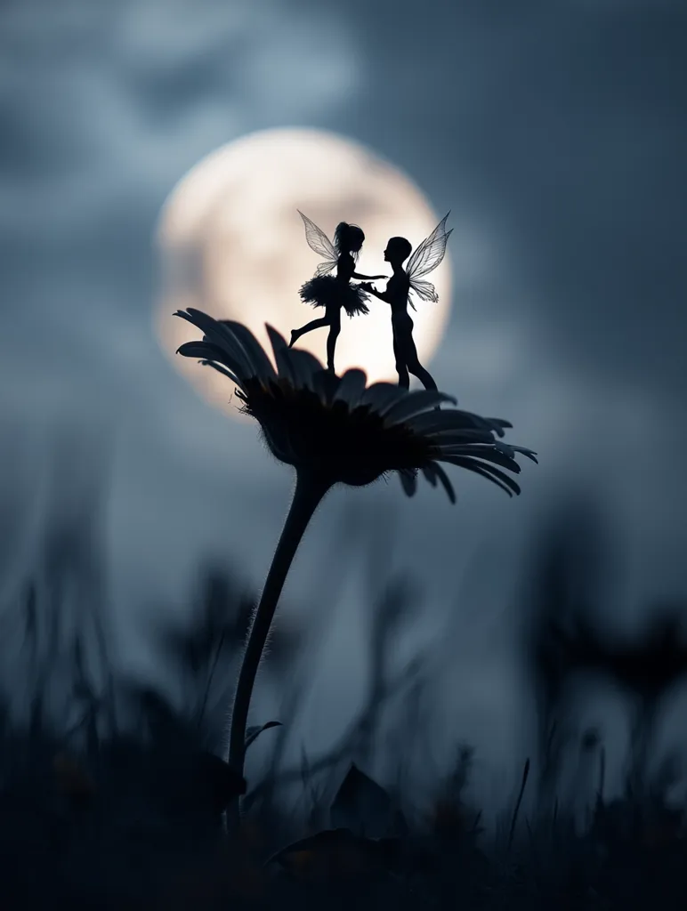 Silhouetted against a large, luminous moon, two tiny fairy figures dance on a single daisy.  The fairies, with delicate wings, appear to be holding hands, creating a whimsical scene of romance and magic in the twilight. The dark, blurred background emphasizes the fairy couple and the moonlit flower, enhancing the ethereal quality of the image.
